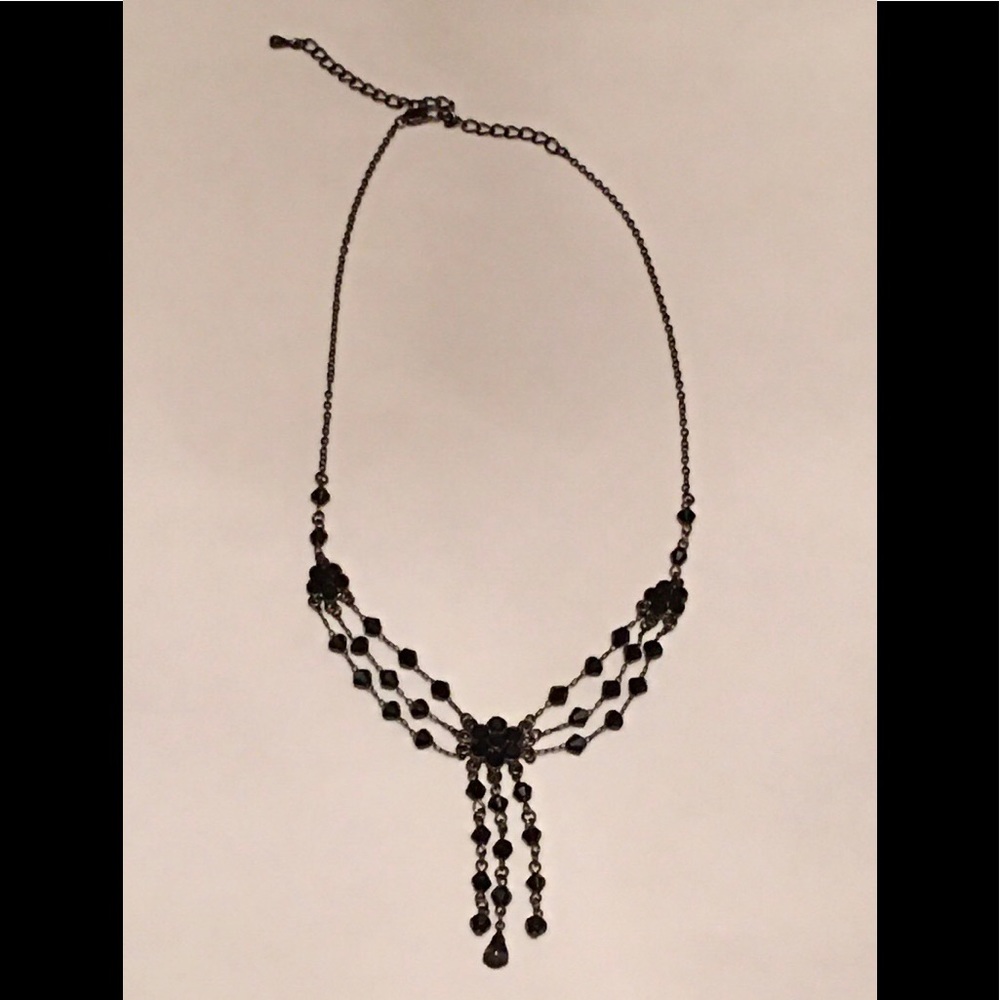 Black Crystals Necklace. Tiered crystals & drops